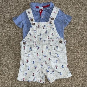 Little Lad Boys Size 24mo Overalls Outfit Polo Shirt Sail Boats Toddler Baby